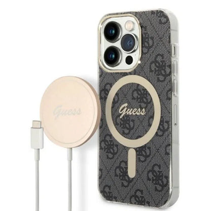 Guess Bundle Pack MagSafe 4G – Dėklas iPhone 14 Pro + MagSafe įkroviklis (juoda/auksinė)