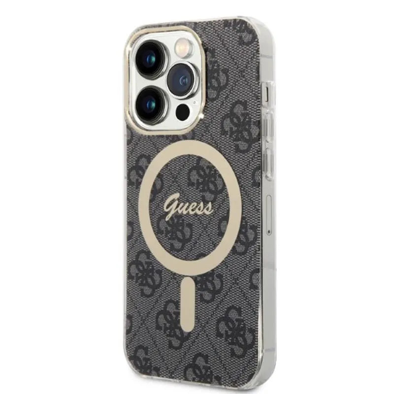 Guess Bundle Pack MagSafe 4G – Dėklas iPhone 14 Pro + MagSafe įkroviklis (juoda/auksinė)
