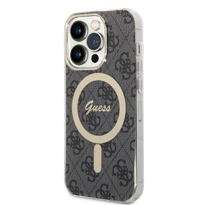 Guess Bundle Pack MagSafe 4G – Dėklas iPhone 14 Pro + MagSafe įkroviklis (juoda/auksinė)