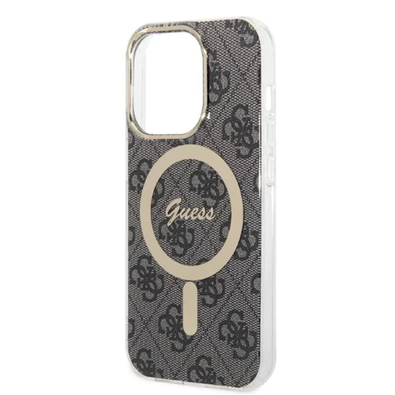 Guess Bundle Pack MagSafe 4G – Dėklas iPhone 14 Pro + MagSafe įkroviklis (juoda/auksinė)