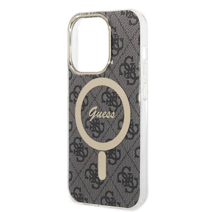 Guess Bundle Pack MagSafe 4G – Dėklas iPhone 14 Pro + MagSafe įkroviklis (juoda/auksinė)