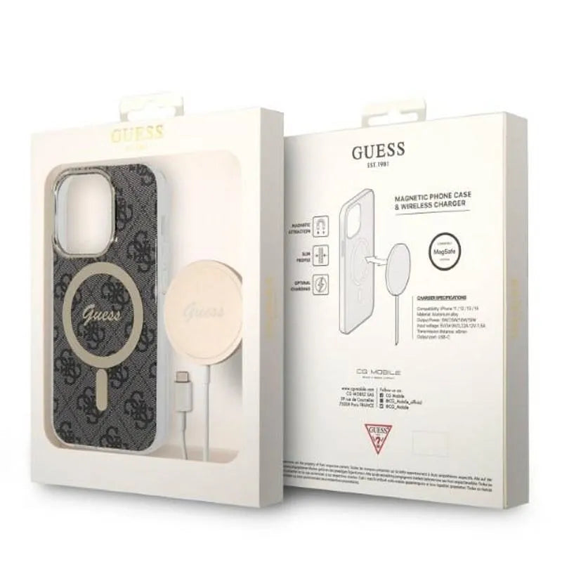 Guess Bundle Pack MagSafe 4G – Dėklas iPhone 14 Pro + MagSafe įkroviklis (juoda/auksinė)