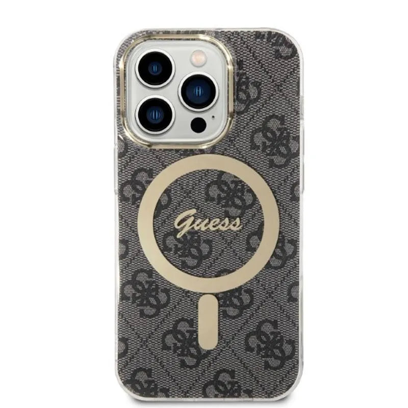 Guess Bundle Pack MagSafe 4G – Dėklas iPhone 14 Pro + MagSafe įkroviklis (juoda/auksinė)