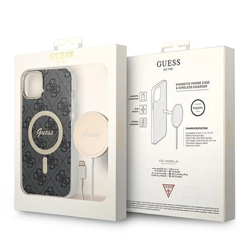 Guess Bundle Pack MagSafe 4G – dėklų rinkinys, skirtas iPhone 14 Plus + MagSafe įkroviklis (juoda/auksinė)