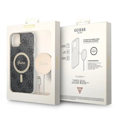 Guess Bundle Pack MagSafe 4G – dėklų rinkinys, skirtas iPhone 14 Plus + MagSafe įkroviklis (juoda/auksinė)
