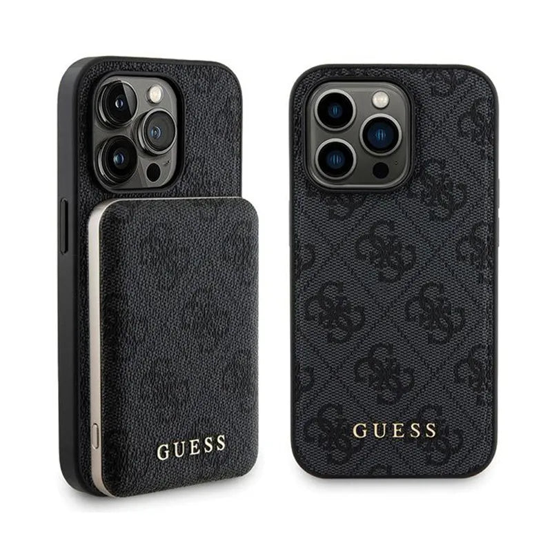 Guess Bundle Pack MagSafe 4G Metal Gold Logo - dėklo komplektas + Power Bank 5000mAh MagSafe iPhone 14 Pro Max (juodas)