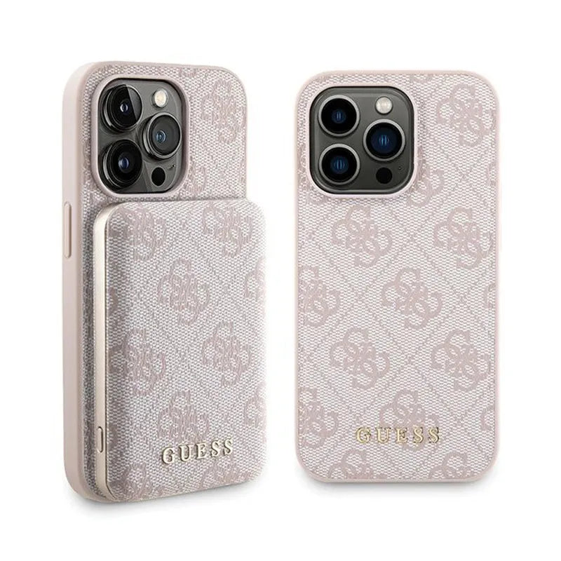 Guess „Bundle Pack“ MagSafe 4G Metal Gold Logo – dėklo rinkinys + 5000mAh MagSafe išorinis akumuliatorius, skirtas „iPhone 14 Pro“ (rožinis)