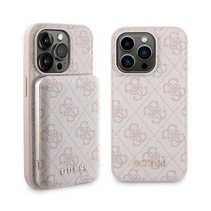 Guess „Bundle Pack“ MagSafe 4G Metal Gold Logo – dėklo rinkinys + 5000mAh MagSafe išorinis akumuliatorius, skirtas „iPhone 14 Pro“ (rožinis)