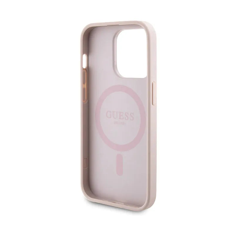 Guess „Bundle Pack“ MagSafe 4G Metal Gold Logo – dėklo rinkinys + 5000mAh MagSafe išorinis akumuliatorius, skirtas „iPhone 14 Pro“ (rožinis)