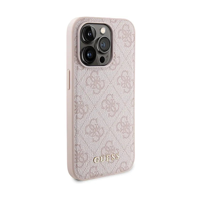 Guess „Bundle Pack“ MagSafe 4G Metal Gold Logo – dėklo rinkinys + 5000mAh MagSafe išorinis akumuliatorius, skirtas „iPhone 14 Pro“ (rožinis)