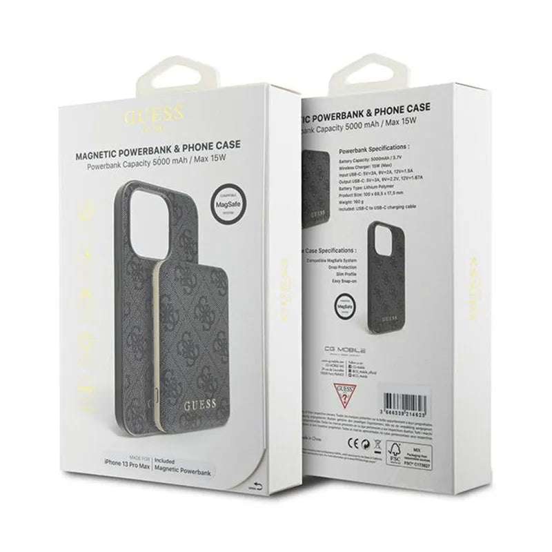 Guess Bundle Pack MagSafe 4G Metal Gold Logo - dėklų komplektas + Power Bank 5000mAh MagSafe iPhone 13 Pro Max (juodas)