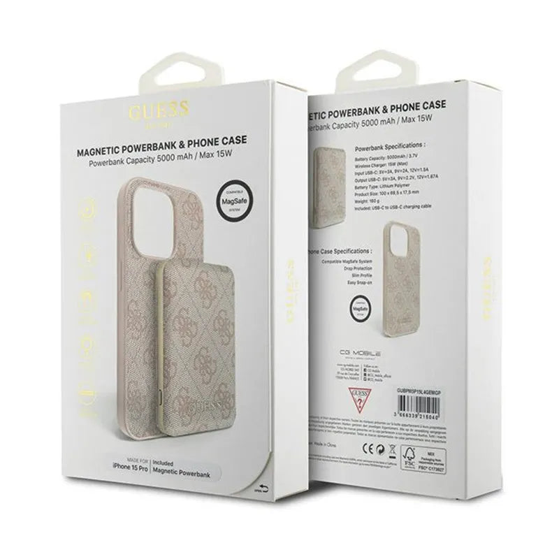 Guess Bundle Pack MagSafe 4G Metal Gold Logo – dėklų rinkinys + Power Bank 5000mAh MagSafe iPhone 15 Pro (rožinis)