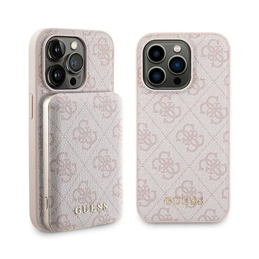 Guess Bundle Pack MagSafe 4G Metal Gold Logo – dėklų rinkinys + Power Bank 5000mAh MagSafe iPhone 15 Pro (rožinis)