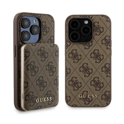 Guess Bundle Pack MagSafe 4G Metal Gold Logo - dėklų rinkinys + Power Bank 5000mAh MagSafe iPhone 15 Pro (ruda)