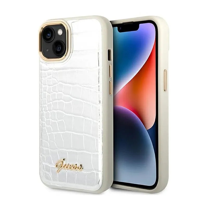 Guess Croco Collection - dėklas skirtas iPhone 14 Plus (Sidabro spalvos)