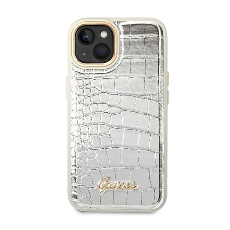 Guess Croco Collection - dėklas skirtas iPhone 14 Plus (Sidabro spalvos)