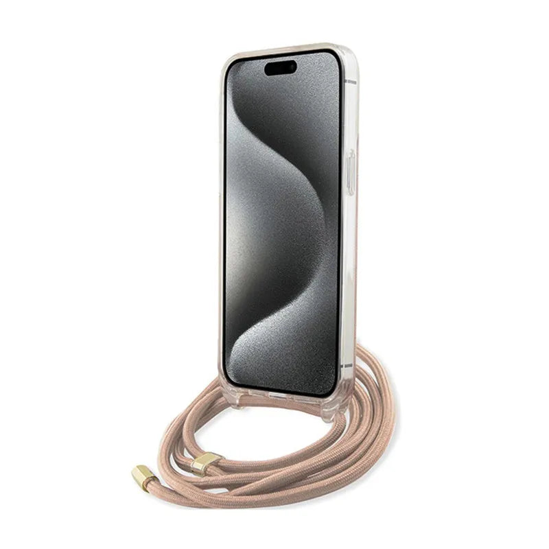 Guess Crossbody Cord 4G Print – „iPhone 15 Pro“ dėklas (rožinis)