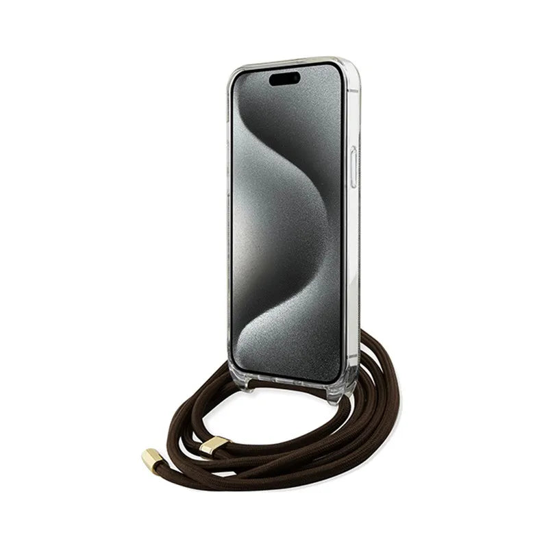 Guess Crossbody Cord 4G Print – iPhone 15 Pro dėklas (rudas)