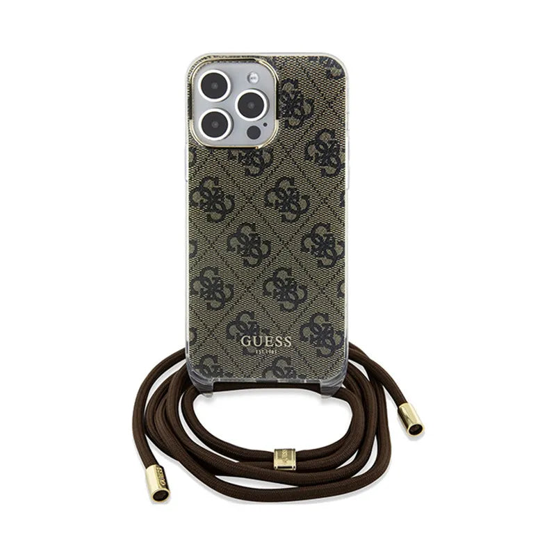 Guess Crossbody Cord 4G Print – iPhone 15 Pro dėklas (rudas)