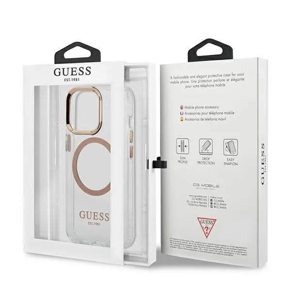 Guess Dėklas MagSafe Metalo kontūras skirtas iPhone 13 Pro Max (Skaidrus)