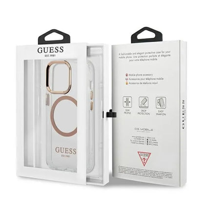 Guess Dėklas MagSafe Metalo kontūras skirtas iPhone 13 Pro Max (Skaidrus)