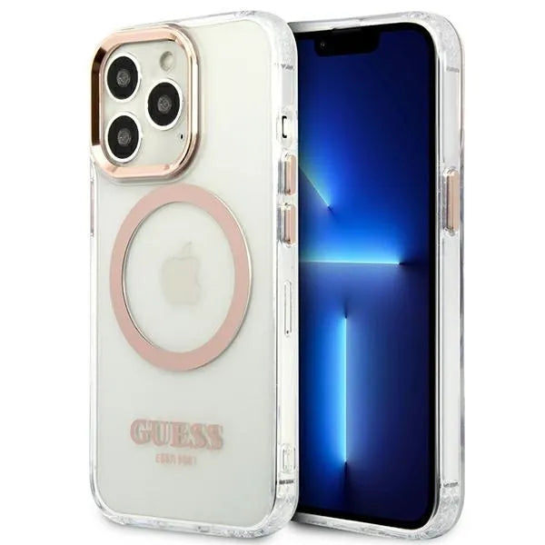 Guess Dėklas MagSafe Metalo kontūras skirtas iPhone 13 Pro Max (Skaidrus)