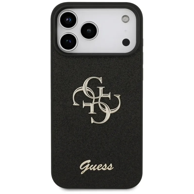 Guess Dėklas su fiksuotu blizgesiu Big 4G, skirtas iPhone 17 Pro Max (juodas)