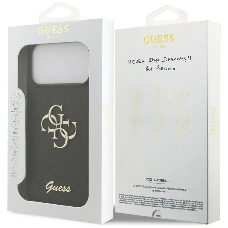 Guess Dėklas su fiksuotu blizgesiu Big 4G, skirtas iPhone 17 Pro Max (juodas)