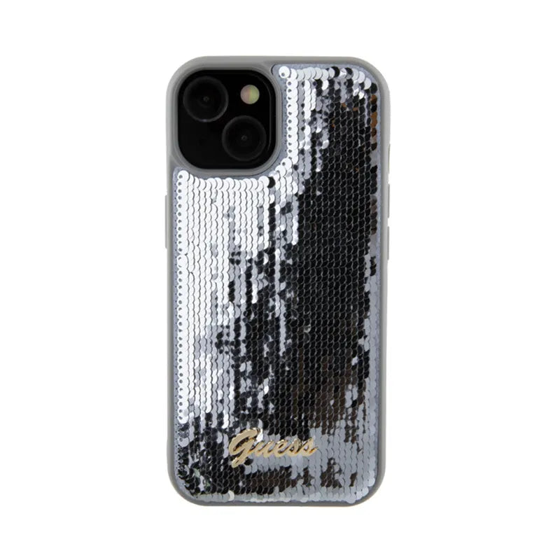 Guess dėklas su metaliniu blizgučių užrašu, skirtas „iPhone 15“ (sidabrinis)