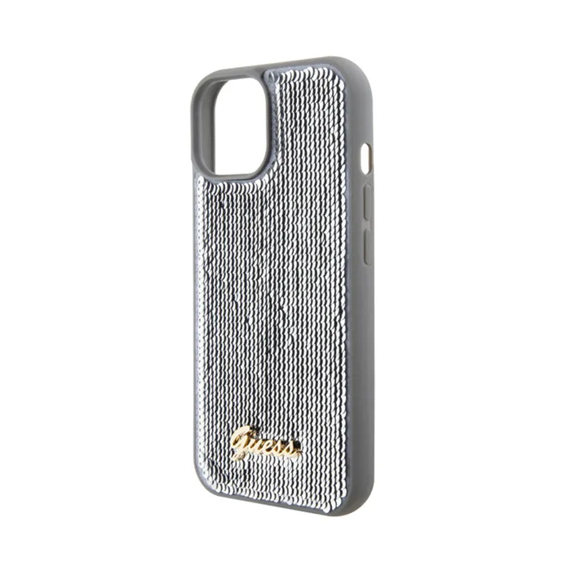 Guess dėklas su metaliniu blizgučių užrašu, skirtas „iPhone 15“ (sidabrinis)