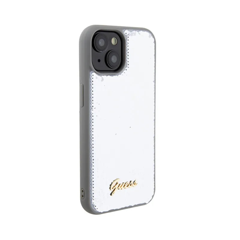 Guess dėklas su metaliniu blizgučių užrašu, skirtas „iPhone 15“ (sidabrinis)