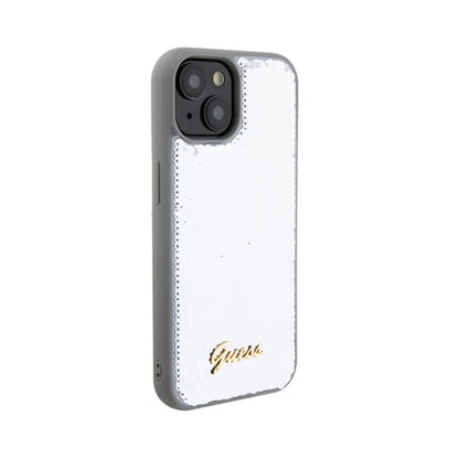 Guess dėklas su metaliniu blizgučių užrašu, skirtas „iPhone 15“ (sidabrinis)
