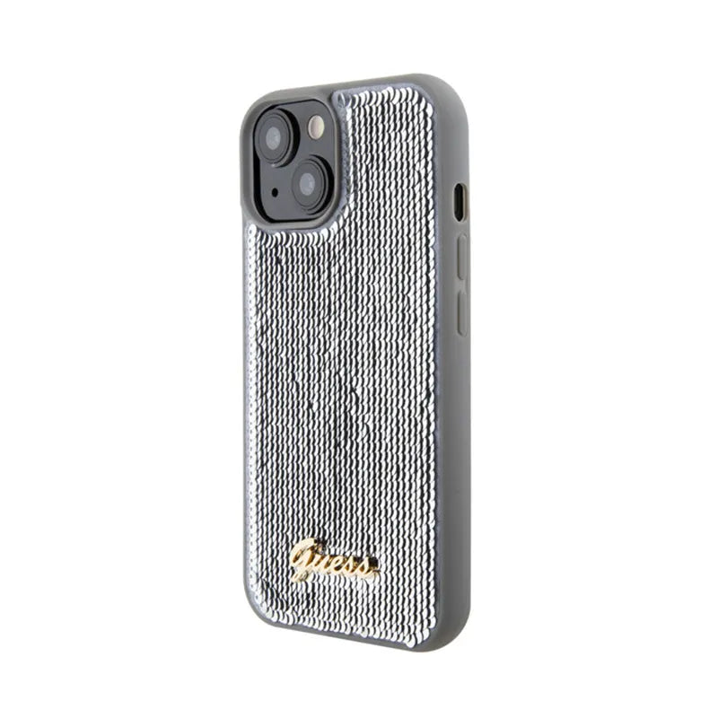 Guess dėklas su metaliniu blizgučių užrašu, skirtas „iPhone 15“ (sidabrinis)