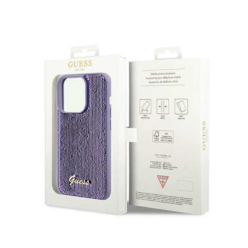 Guess Dėklas su Paauksuotu Užrašu ir Blizgučiais, skirtas iPhone 13 Pro (Violetinis)