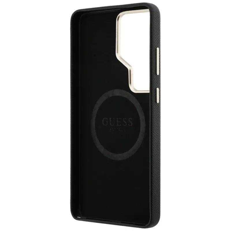 Guess dėklo su blizgučiais ir "MagSafe" apvaliu logotipu "Samsung Galaxy S26 Ultra" dėklas (juodas)