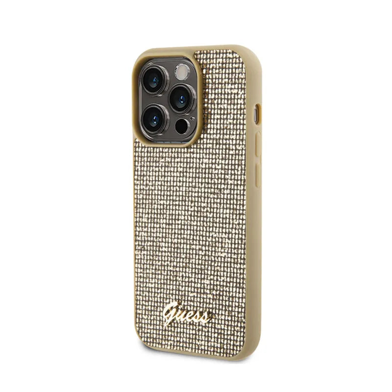 Guess Disco Metal Script – dėklas, skirtas „iPhone 15 Pro“ (auksinis)