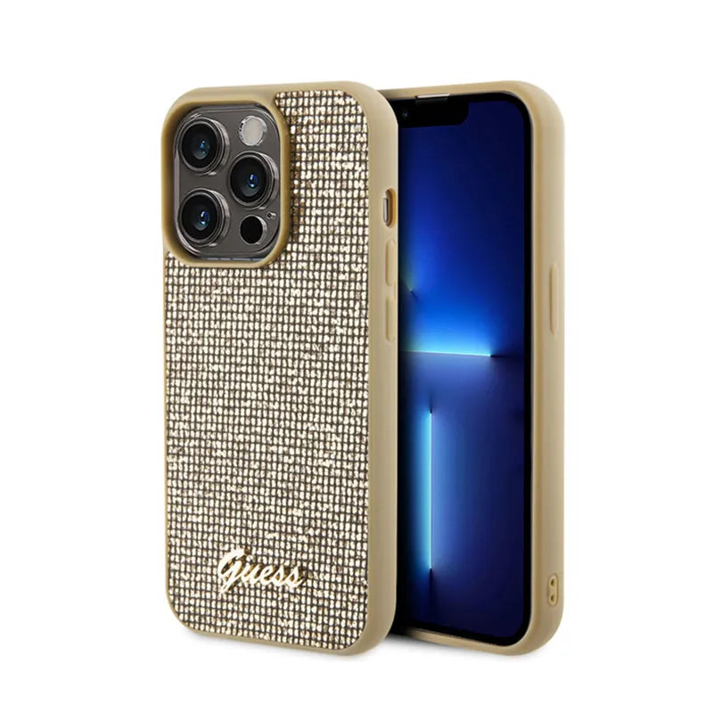 Guess Disco Metal Script – dėklas, skirtas „iPhone 15 Pro“ (auksinis)