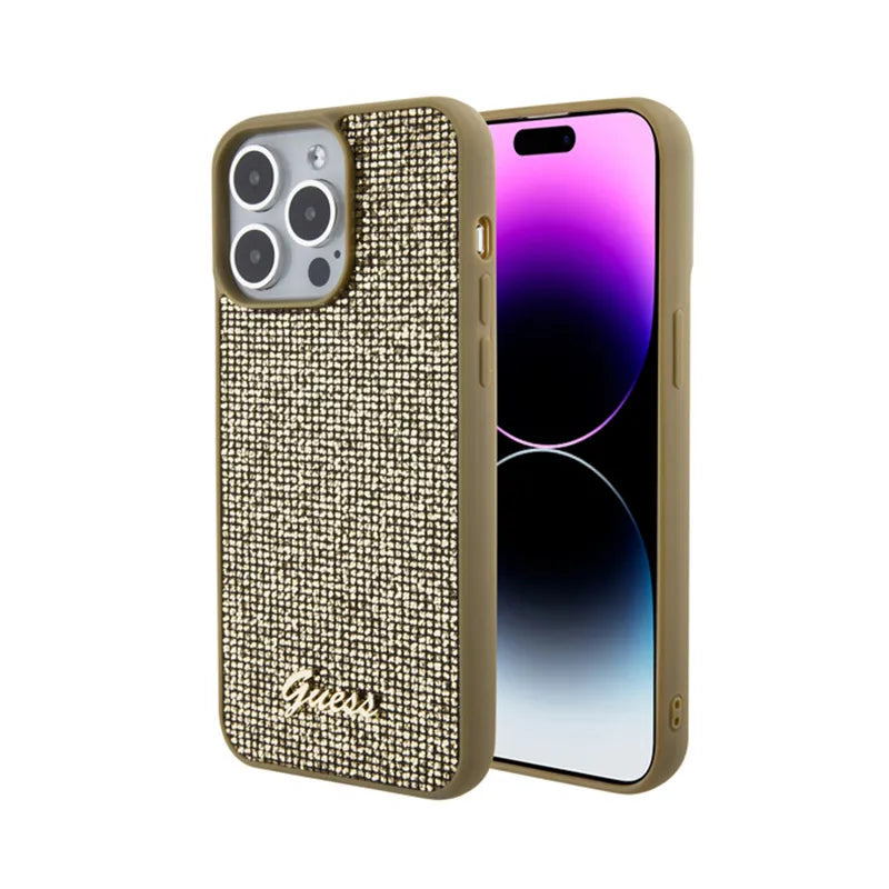 Guess Disco Metal Script – dėklas, skirtas iPhone 15 Pro Max (auksinis)