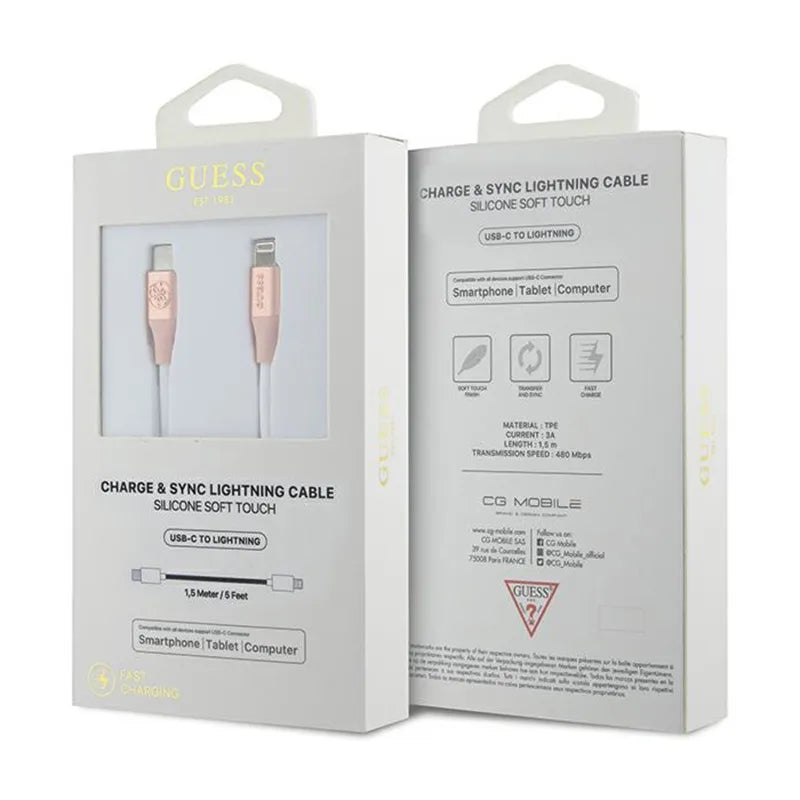 Guess Ebossed Logo - USB-C į Lightning kabelis MFi sertifikuotas 1.5m (rožinis)