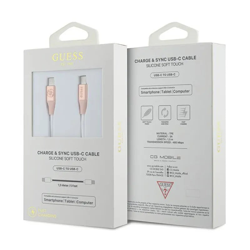 Guess Ebossed Logo – USB-C į USB-C greitojo įkrovimo kabelis 1,5 m (rožinis)