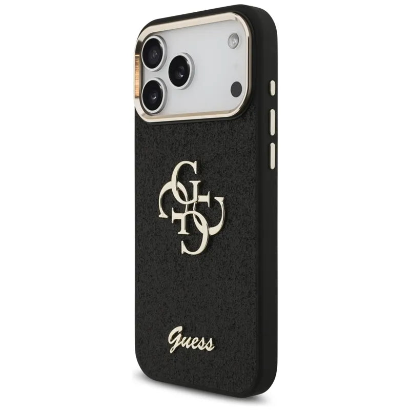 Guess Fiksuotas Blizgučių Dėklas su Metaliniu Rėmeliu iPhone 17 Pro Max (juodas)