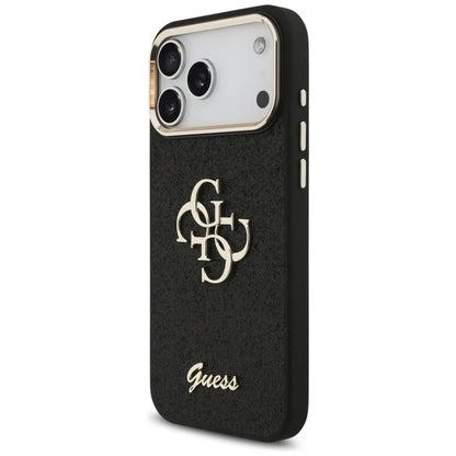 Guess Fiksuotas Blizgučių Dėklas su Metaliniu Rėmeliu iPhone 17 Pro Max (juodas)