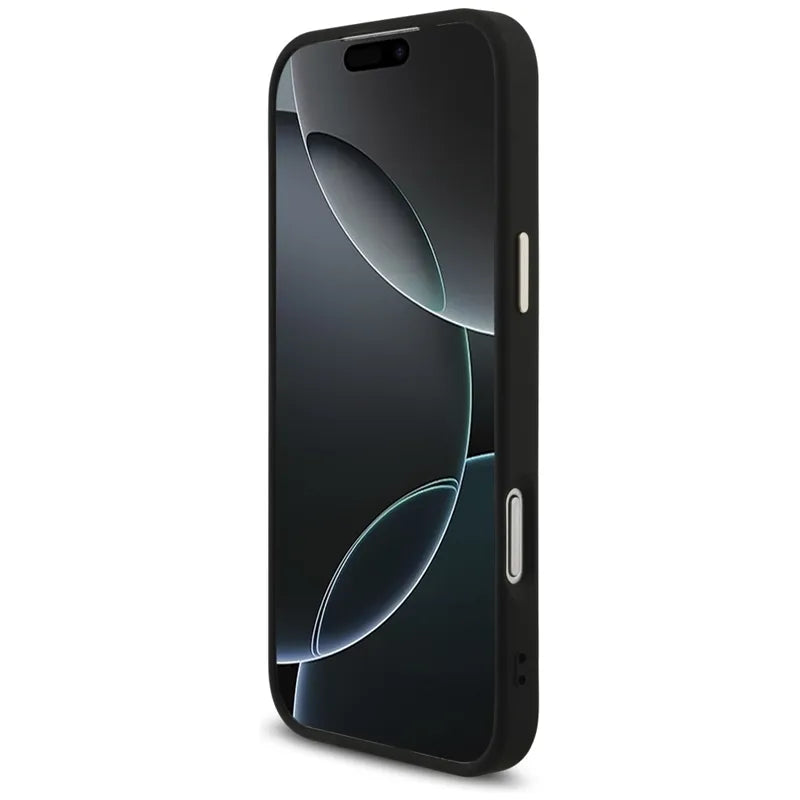 Guess Fiksuotas Blizgučių Dėklas su Metaliniu Rėmeliu iPhone 17 Pro Max (juodas)