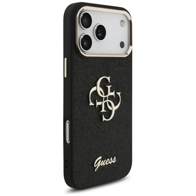 Guess Fiksuotas Blizgučių Dėklas su Metaliniu Rėmeliu iPhone 17 Pro Max (juodas)