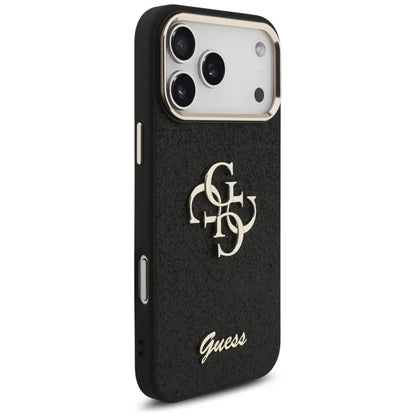 Guess Fiksuotas Blizgučių Dėklas su Metaliniu Rėmeliu iPhone 17 Pro Max (juodas)