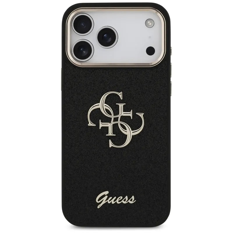 Guess Fiksuotas Blizgučių Dėklas su Metaliniu Rėmeliu iPhone 17 Pro Max (juodas)
