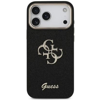 Guess Fiksuotas Blizgučių Dėklas su Metaliniu Rėmeliu iPhone 17 Pro Max (juodas)
