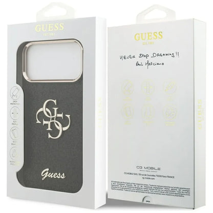 Guess Fiksuotas Blizgučių Dėklas su Metaliniu Rėmeliu iPhone 17 Pro Max (juodas)