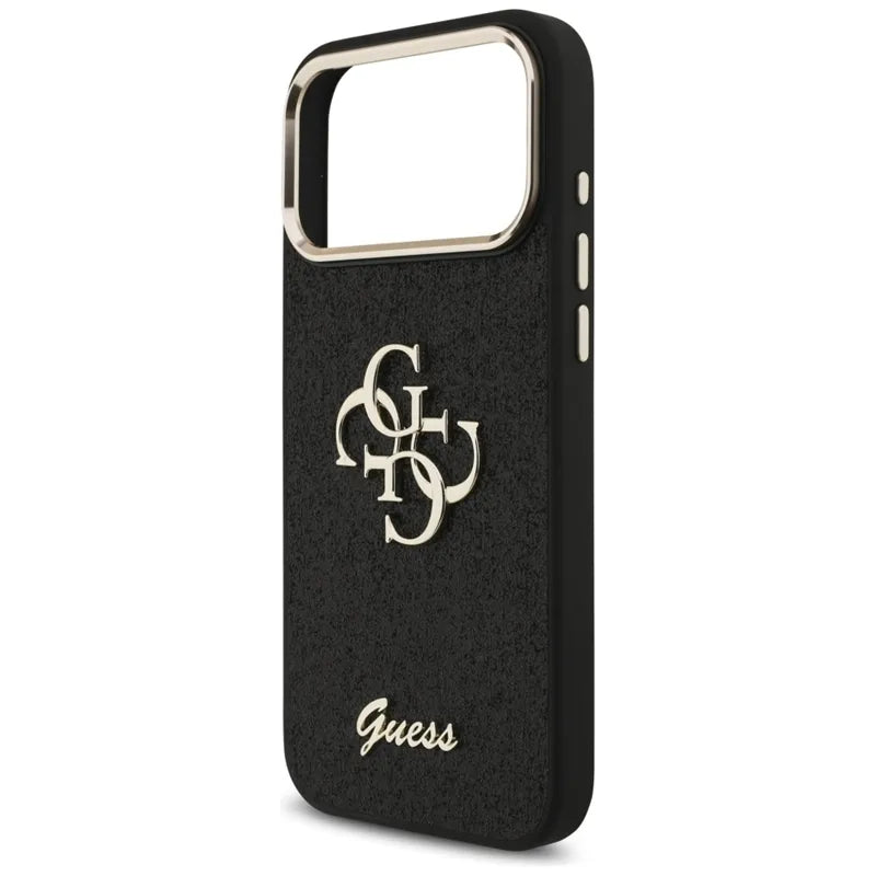 Guess Fiksuotas Blizgučių Dėklas su Metaliniu Rėmeliu iPhone 17 Pro Max (juodas)