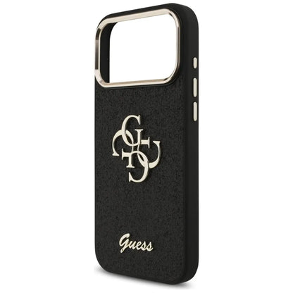 Guess Fiksuotas Blizgučių Dėklas su Metaliniu Rėmeliu iPhone 17 Pro Max (juodas)
